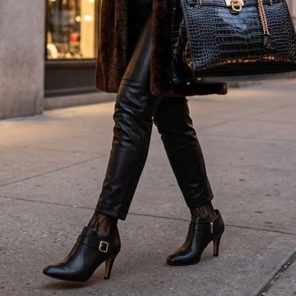Vince Camuto Black Leather Buckle Ankle Booties Stiletto 8.5 Mob Wife Shooties